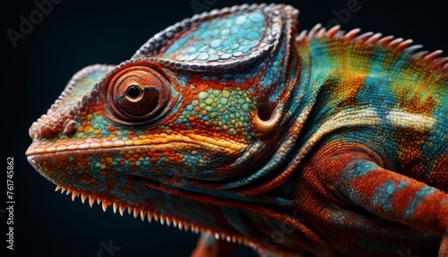  a close up view of a chamelon's head and neck, with a black background in the background. © Jevjenijs