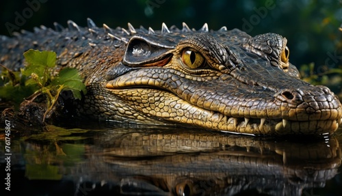  a close up of a large alligator's head in a body of water with vegetation in the foreground.