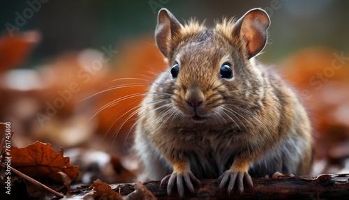  a close up of a small rodent on a log in a field of leaves with a blurry background. © Jevjenijs