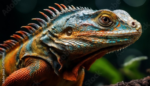  a close up of an iguana on a branch with blurry boke of lights in the background.