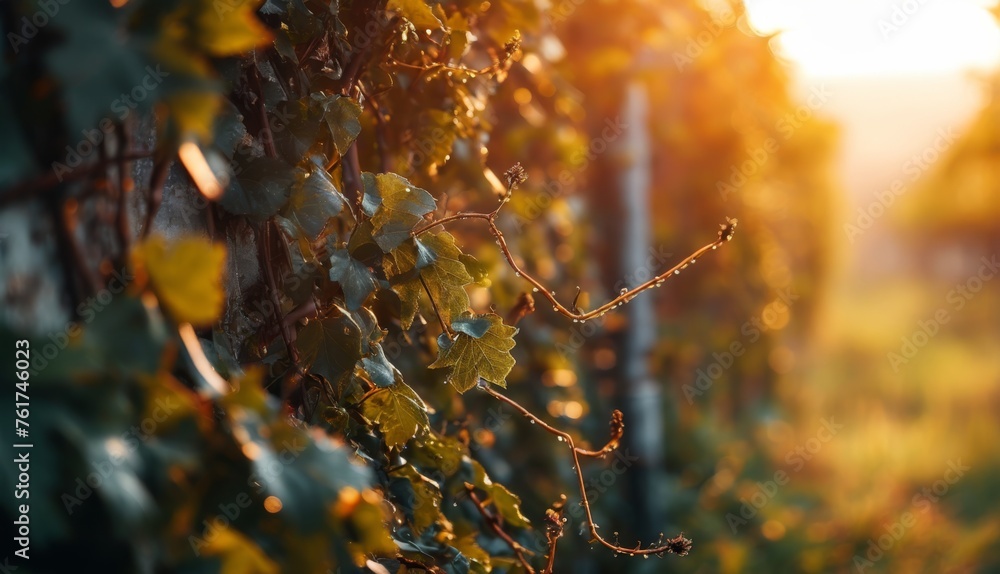  a close up of a vine with the sun shining through the leaves on the vine and the vine in the foreground.