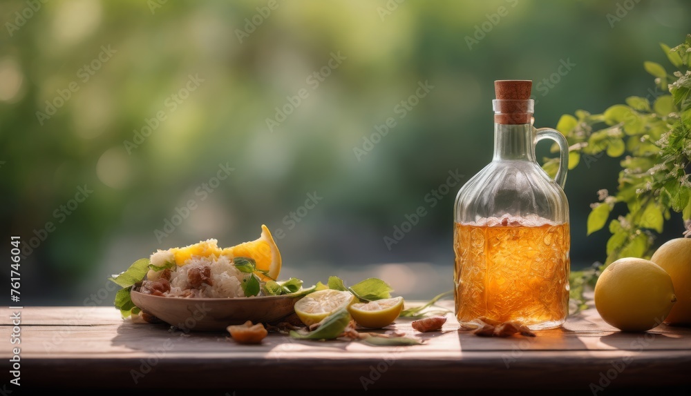 a wooden table topped with a bottle of liquid next to a bowl of lemons and a bowl of salad. a wooden table topped with a bottle of liquid next to a bowl of lemons and a bowl of salad.