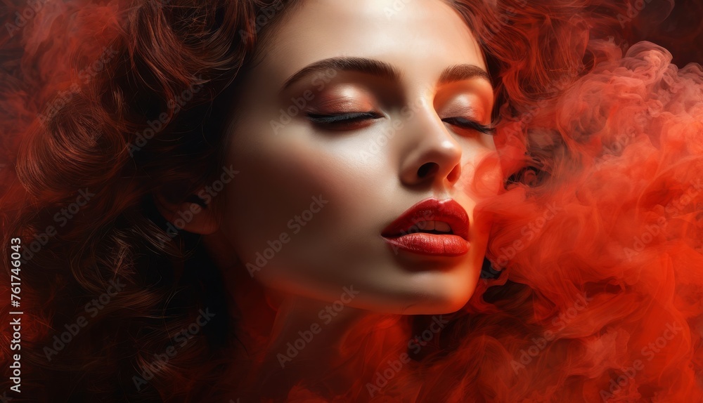  a woman with her eyes closed and her eyes closed, with smoke coming out of her face and her eyes closed.
