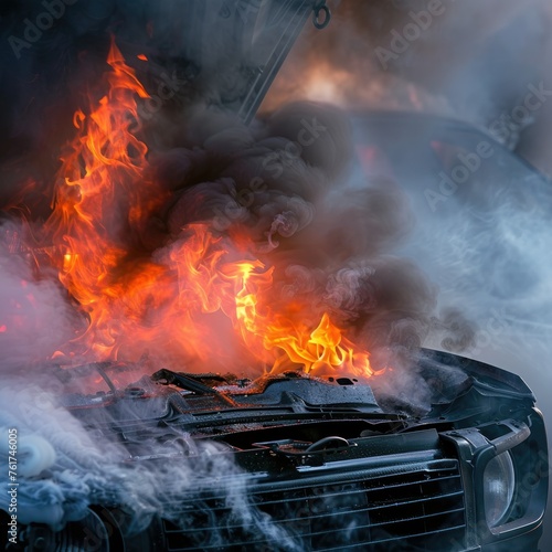 Vehicle in flames during daylight with smoke - A vivid depiction of an automotive vehicle consumed by fire, emitting thick smoke under daylight conditions