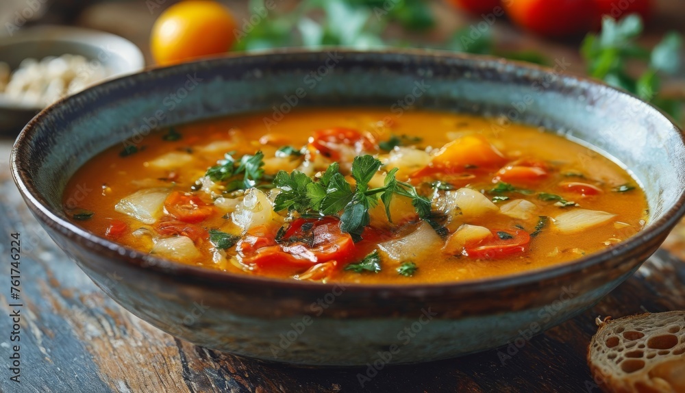  a bowl of soup sitting on top of a wooden table next to a slice of bread and a glass of orange juice.