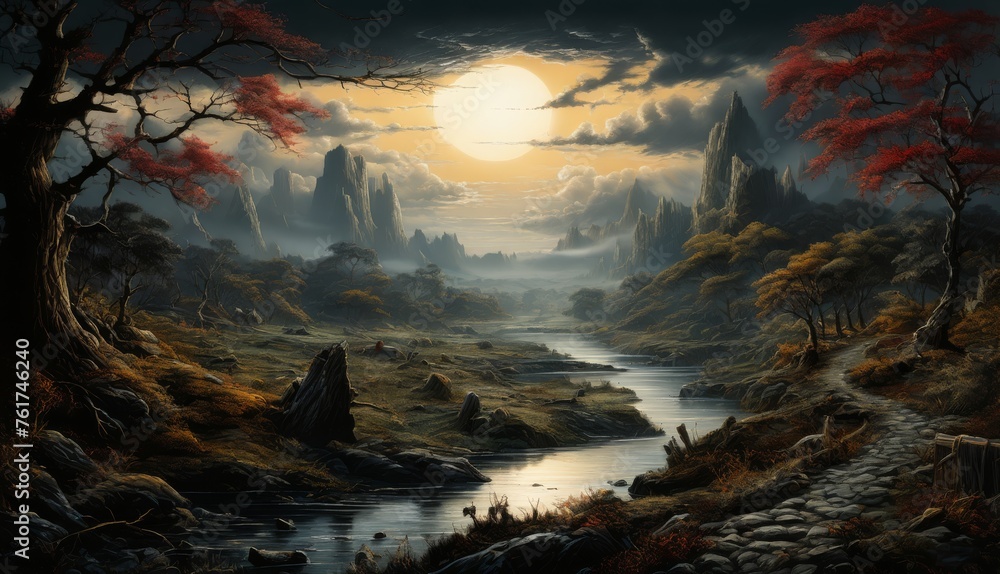  a painting of a landscape with a river in the foreground and a full moon in the sky in the background.