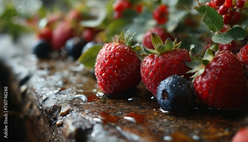  a close up of strawberries and blueberries on a table with leaves and berries on the edge of the table.