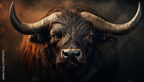  a close up of a bull's head on a dark background with smoke coming out of its ears and it's horns.