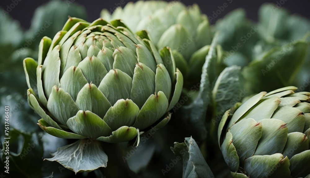 a close up of a bunch of artichokes with leaves on the top and bottom of the stems. a close up of a bunch of artichokes with leaves on the top and bottom of the stems.