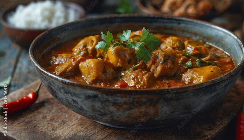 a close up of a bowl of food on a table with a spoon and a bowl of rice in the background. a close up of a bowl of food on a table with a spoon and a bowl of rice in the background.