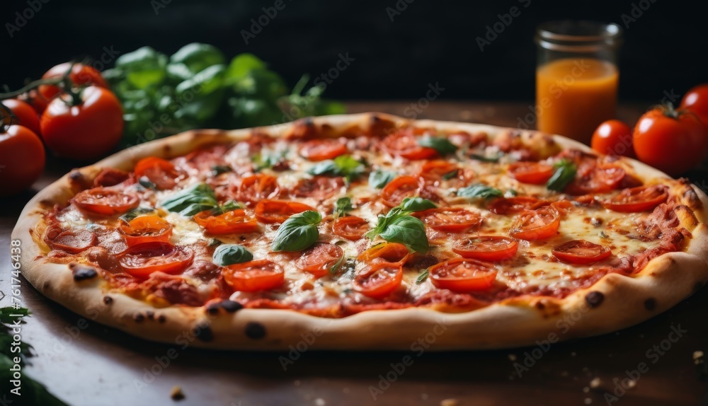 a pizza sitting on top of a wooden cutting board next to tomatoes and a glass of orange juice on a table. a pizza sitting on top of a wooden cutting board next to tomatoes and a glass of orange juice on a table.