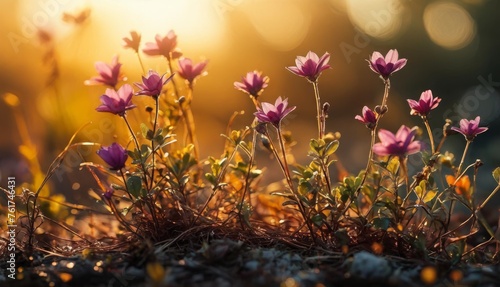  a group of pink flowers growing out of a patch of dirt with the sun shining through the trees in the background.