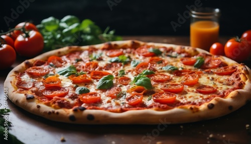  a pizza sitting on top of a wooden cutting board next to tomatoes and a glass of orange juice on a table.
