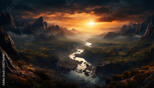  a painting of a river running through a lush green valley under a cloudy sky with a sun setting in the distance.