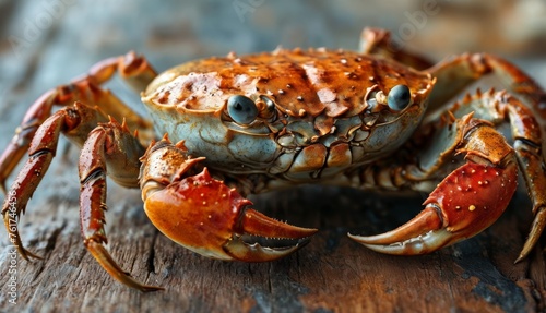  a close up of a crab on a piece of wood with water droplets on it's face and legs.