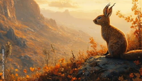  a painting of a brown rabbit sitting on top of a rock in a field of yellow and orange flowers with mountains in the background.
