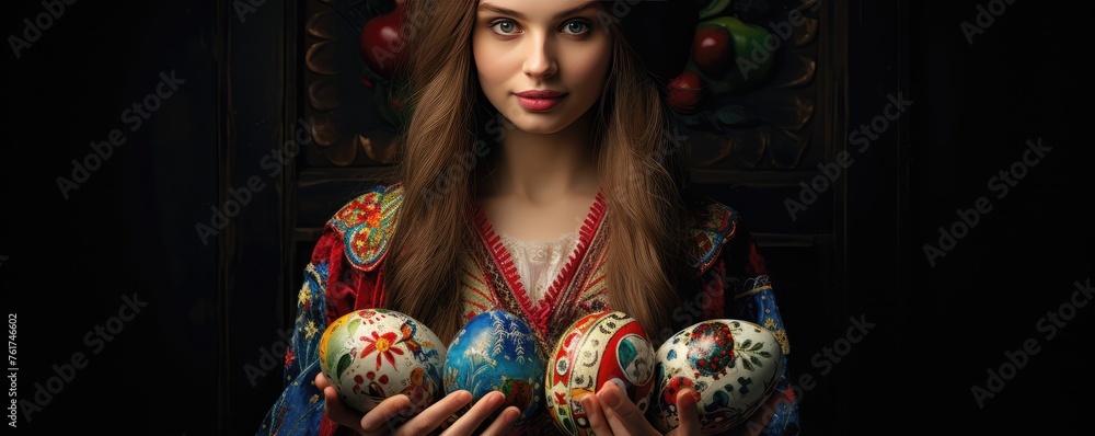 Young girl holding traditional painted eggs
