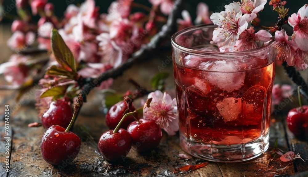 a glass filled with ice and cherries next to a branch of cherry blossoms and a branch of cherry blossoms. a glass filled with ice and cherries next to a branch of cherry blossoms and a branch of cherry blossoms.