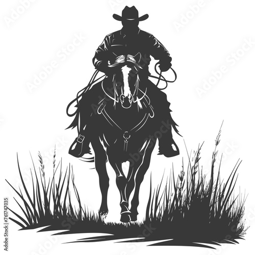 Silhouette cowboy riding horses alone black color only