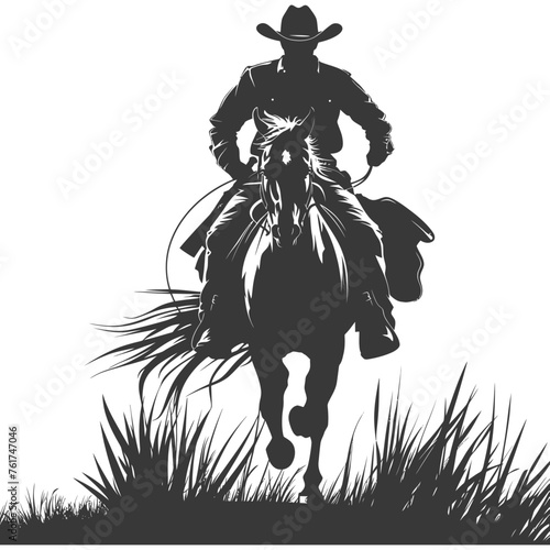 Silhouette cowboy riding horses alone black color only