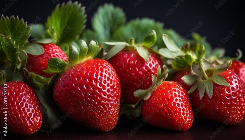 a close up of a group of strawberries on a black surface with green leaves on the top and bottom of the strawberries. a close up of a group of strawberries on a black surface with green leaves on the top and bottom of the strawberries.