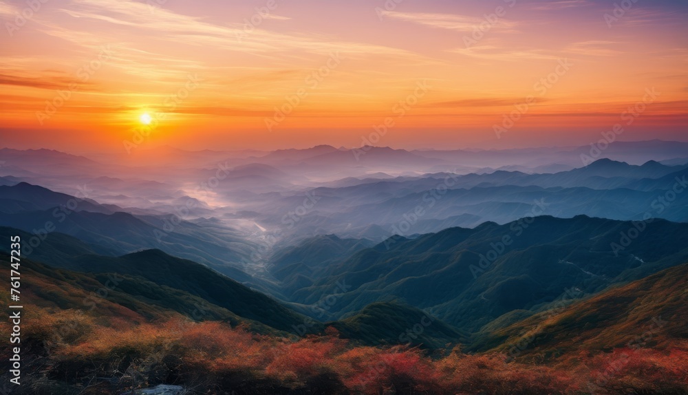  the sun is setting over the mountains in the foggy valley of a valley with trees in the foreground.