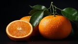  a couple of oranges sitting next to each other on top of a black surface with leaves on top of them.