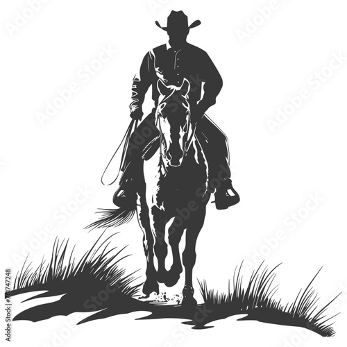 Silhouette cowboy riding horses alone black color only