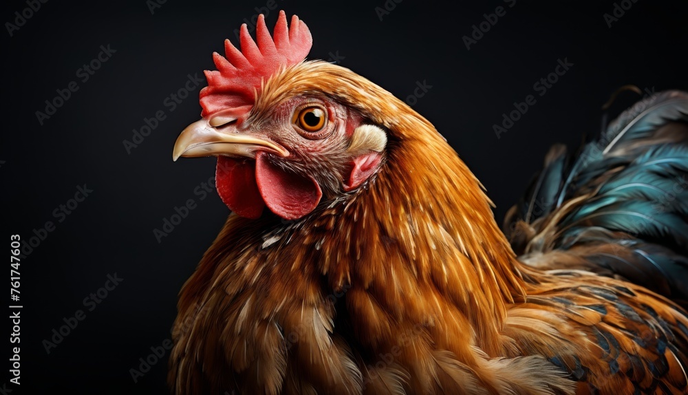  a close up of a rooster's head with an intense look on it's face, against a black background.