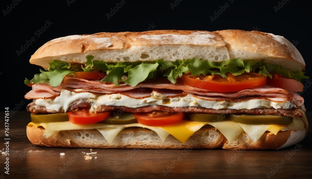 a sandwich with meat, cheese, tomatoes, lettuce, and other toppings on a wooden surface. a sandwich with meat, cheese, tomatoes, lettuce, and other toppings on a wooden surface.