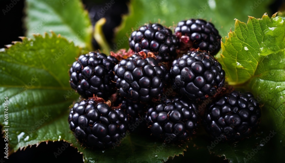 a close up of a bunch of blackberries on a green leafy branch with drops of water on it. a close up of a bunch of blackberries on a green leafy branch with drops of water on it.