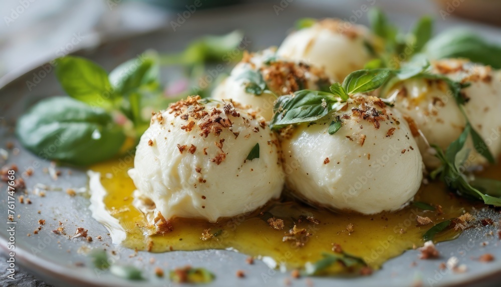 a close up of a plate of food with mozzarella and green leafy garnish on it. a close up of a plate of food with mozzarella and green leafy garnish on it.