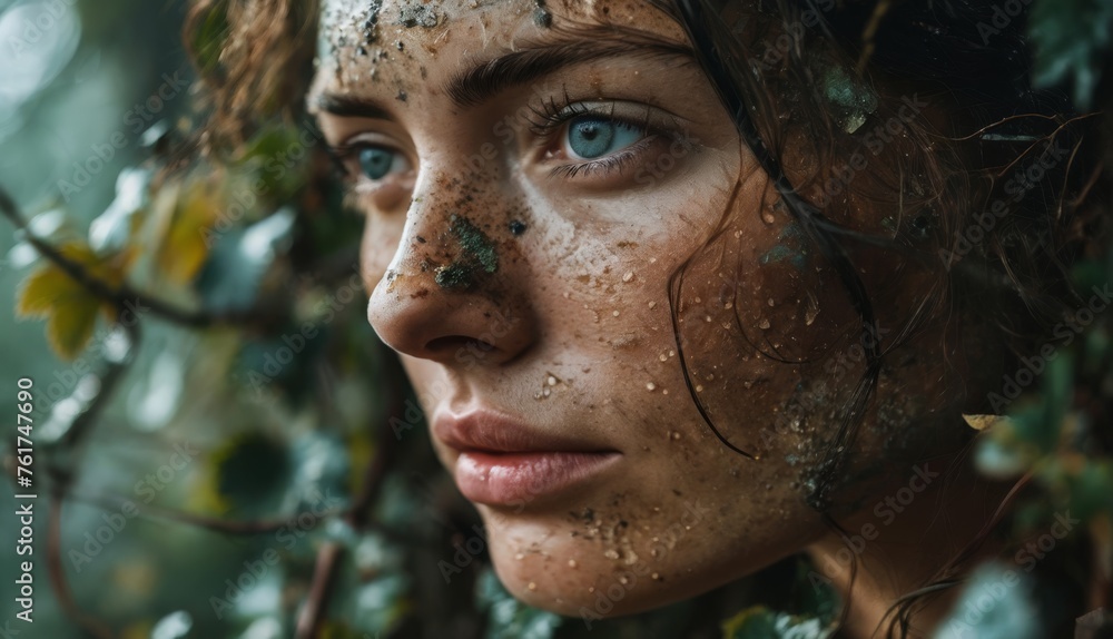 a close up of a woman's face with mud on her face and green leaves on her head and behind her. a close up of a woman's face with mud on her face and green leaves on her head and behind her.