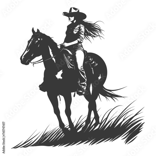 Silhouette cowgirl riding horses alone black color only