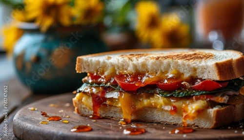  a grilled cheese and tomato sandwich sitting on a cutting board with a vase of yellow flowers in the background.