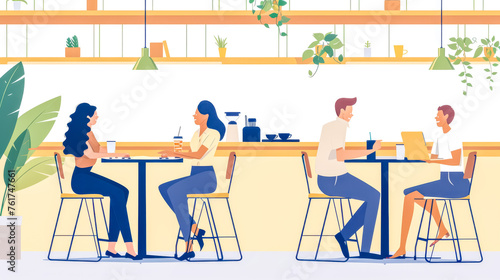 illustration of diverse people socializing in a stylish  contemporary coffee shop setting