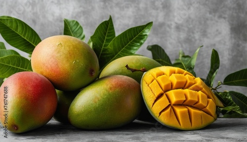  a pile of mangoes sitting on top of a table next to a green leafy plant and a mango.