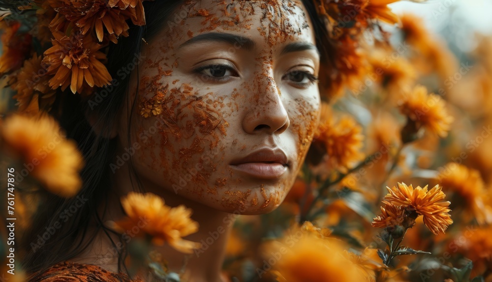  a woman with freckles on her face and flowers in her hair and a freckle of freckles on her face.
