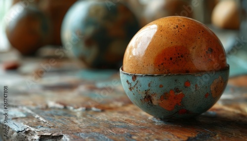  a brown and blue egg sitting on top of a wooden table next to other brown and blue eggs on top of a wooden table.