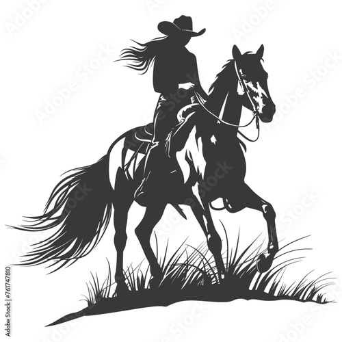 Silhouette cowgirl riding horses alone black color only