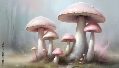 Fairy tale mushrooms painted by hand. Decorative background, wallpaper.