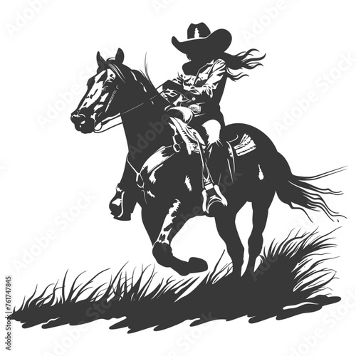 Silhouette cowgirl riding horses alone black color only