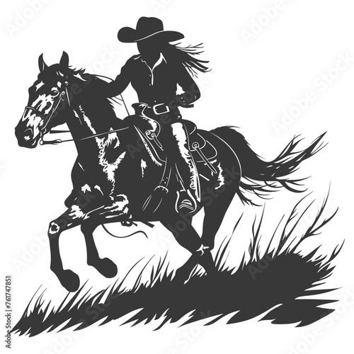 Silhouette cowgirl riding horses alone black color only