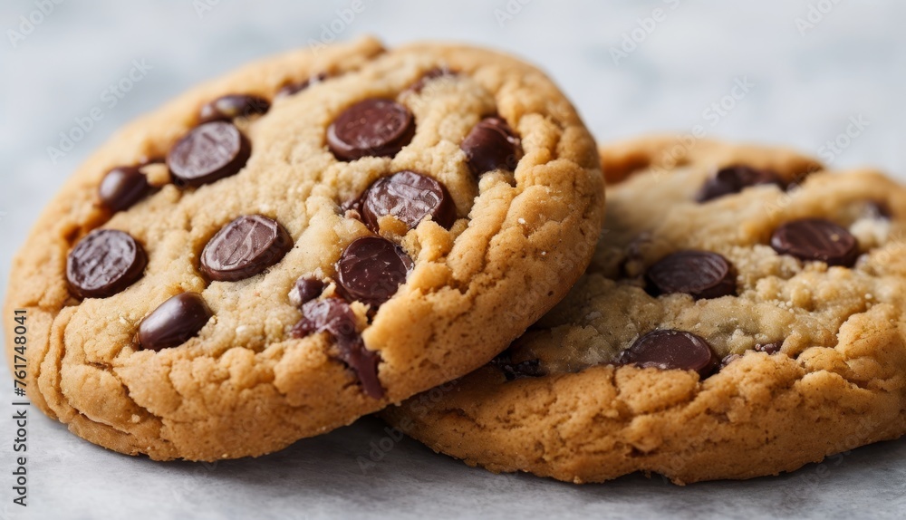 two chocolate chip cookies sitting on top of each other on top of a piece of paper with a bite taken out of one of the cookies. two chocolate chip cookies sitting on top of each other on top of a piece of paper with a bite taken out of one of the cookies.