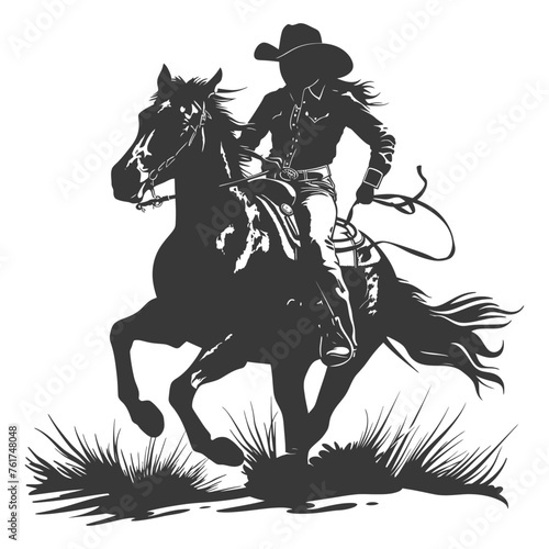 Silhouette cowgirl riding horses alone black color only