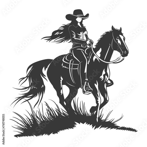 Silhouette cowgirl riding horses alone black color only