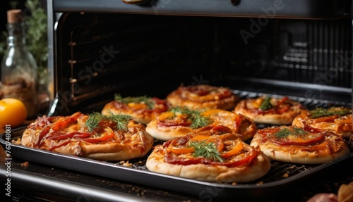  a close up of small pizzas in an oven with tomatoes and herbs on the top of the pizzas.