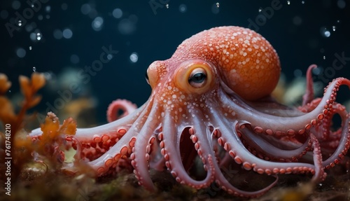  a close up of an octopus on the ocean floor with bubbles in the water and a fish eye in the center of the picture.
