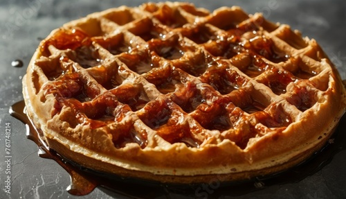  a waffle sitting on top of a table covered in syrup and syrup drizzled on top of it.
