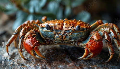  a close up of a crab on a rock with a plant in the background on a sunny day in the ocean. © Jevjenijs